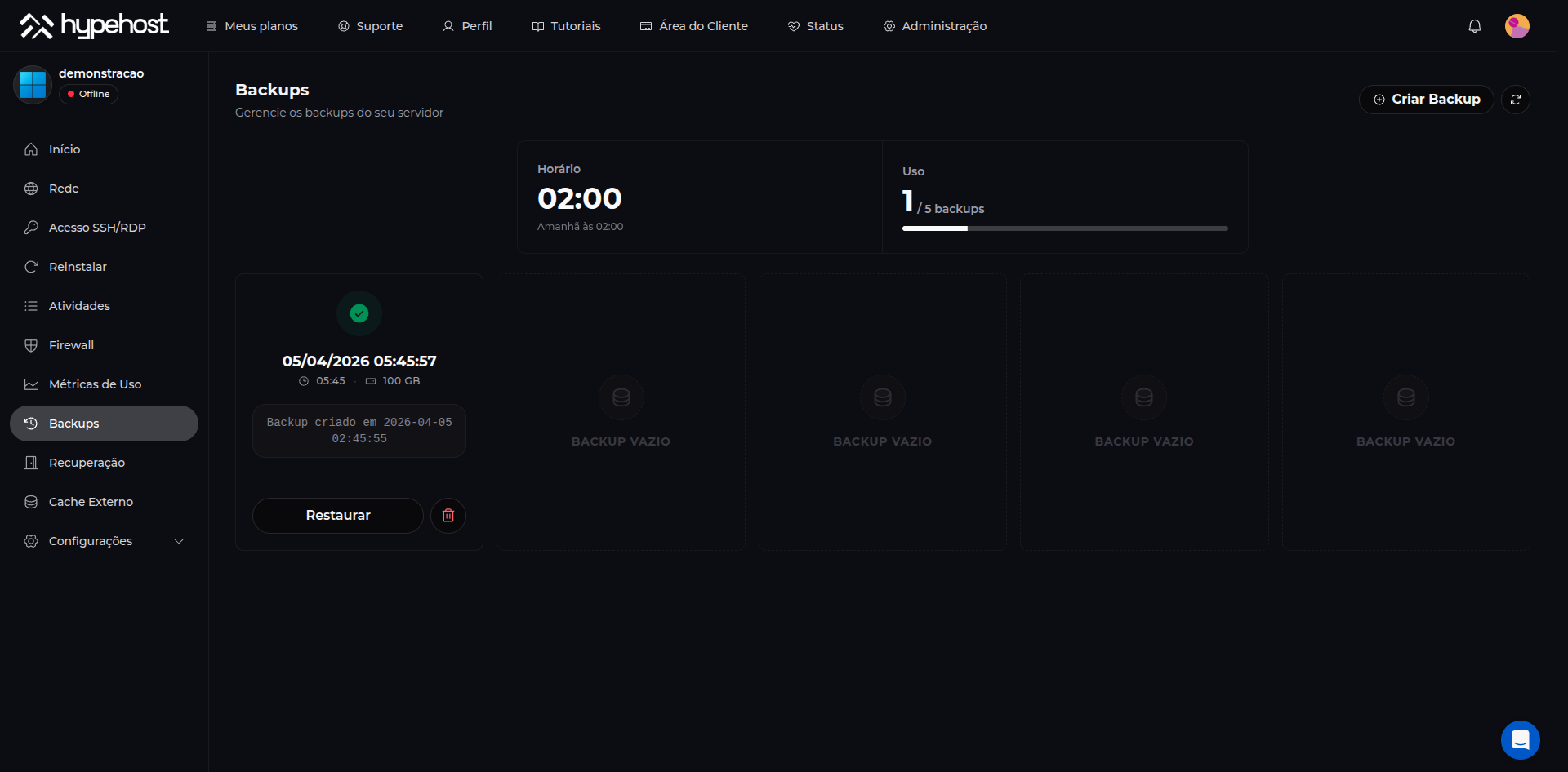 Tela de backups do painel HypeHost
