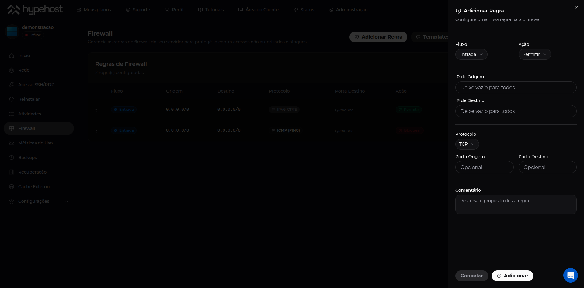 Tela de firewall do painel HypeHost