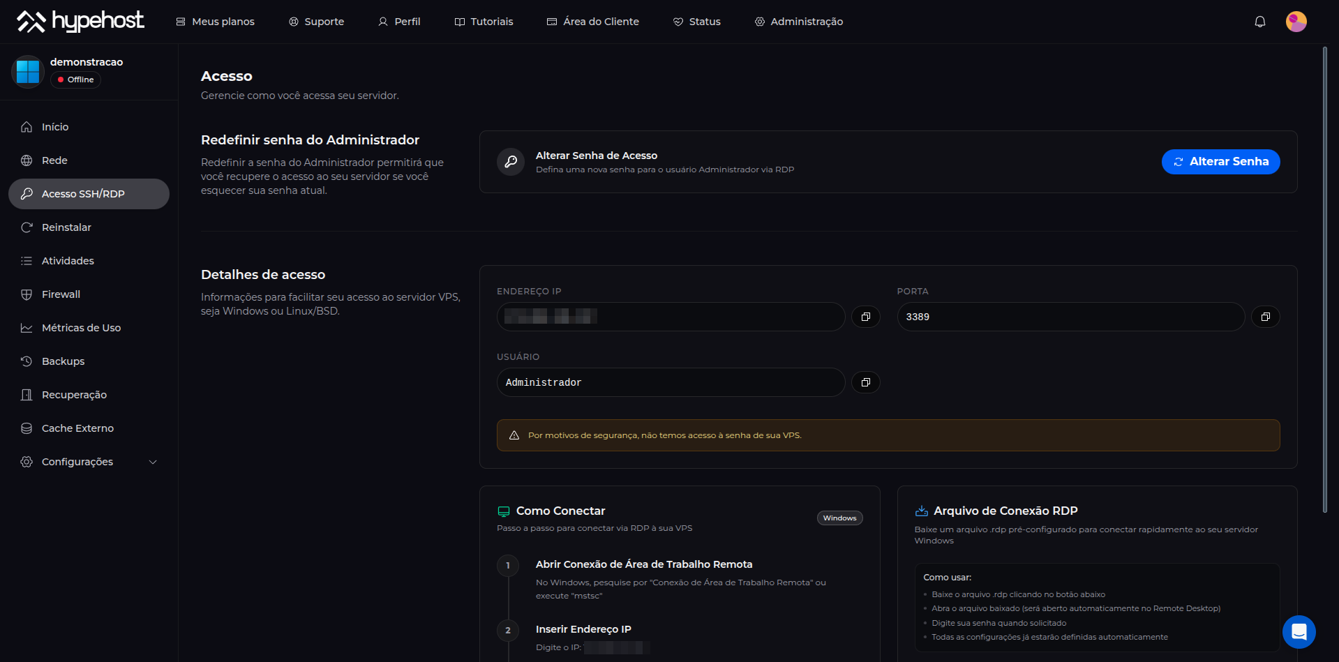 Console RDP de VPS Windows no painel HypeHost